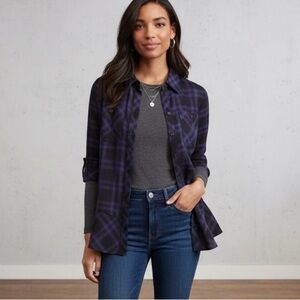 CAbi Moody Plaid Peplum Button Down Top Large Blue Black